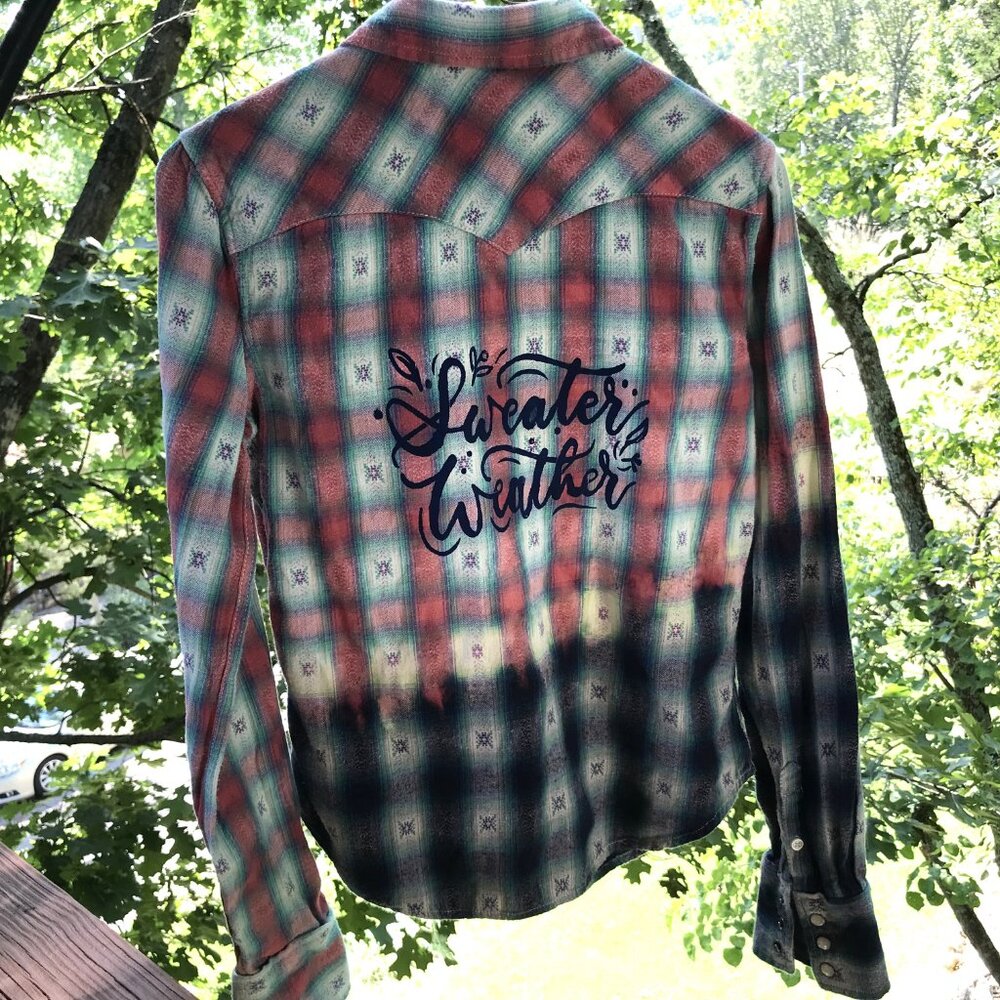 Ombre Bleached Flannel Shirt Upcycled Painted Sweater Weather Size Small - Picture 7 of 13